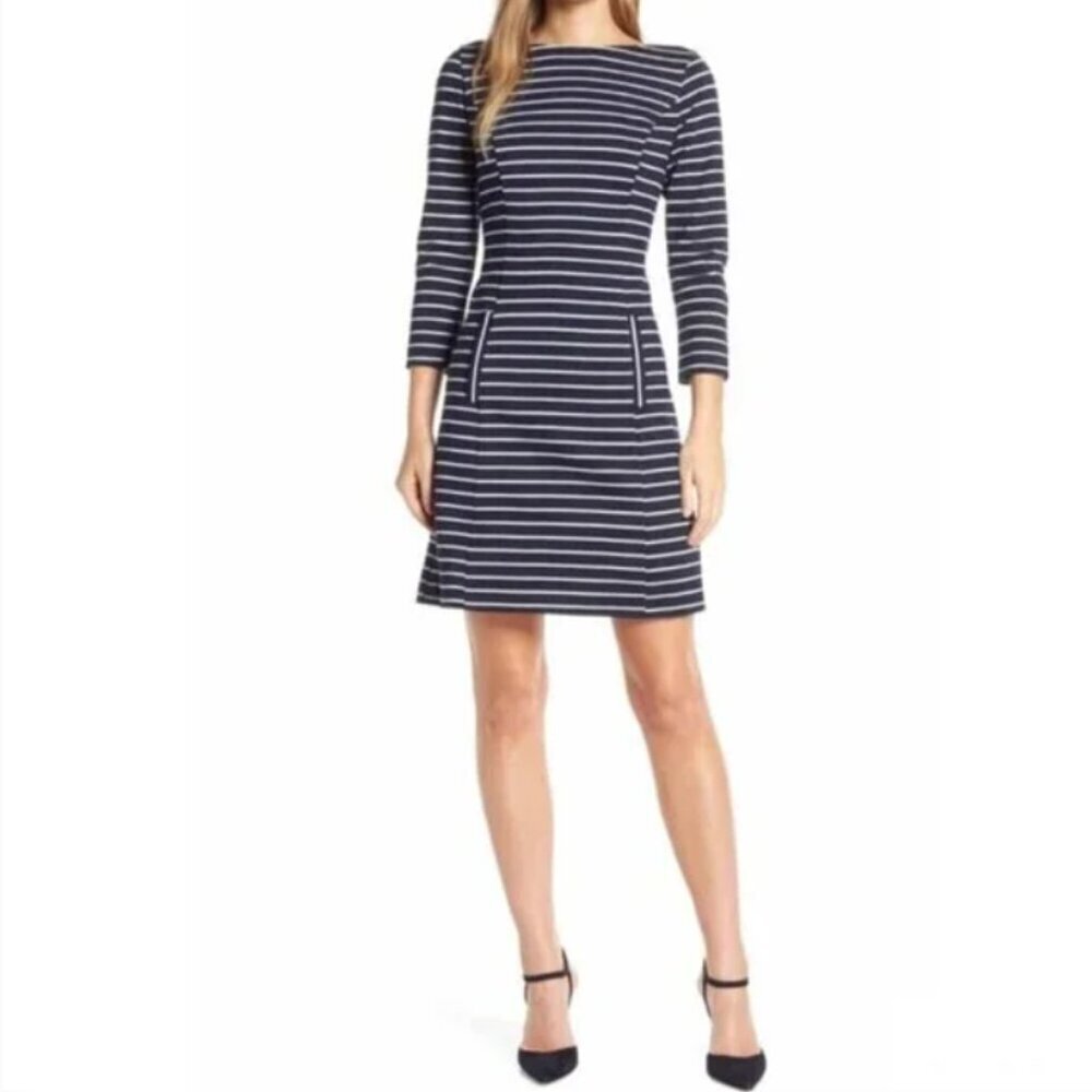 1901 Stripe Boat Neck Ponte Dress Nautical Navy Blue Long Sleeve Open Back, 16